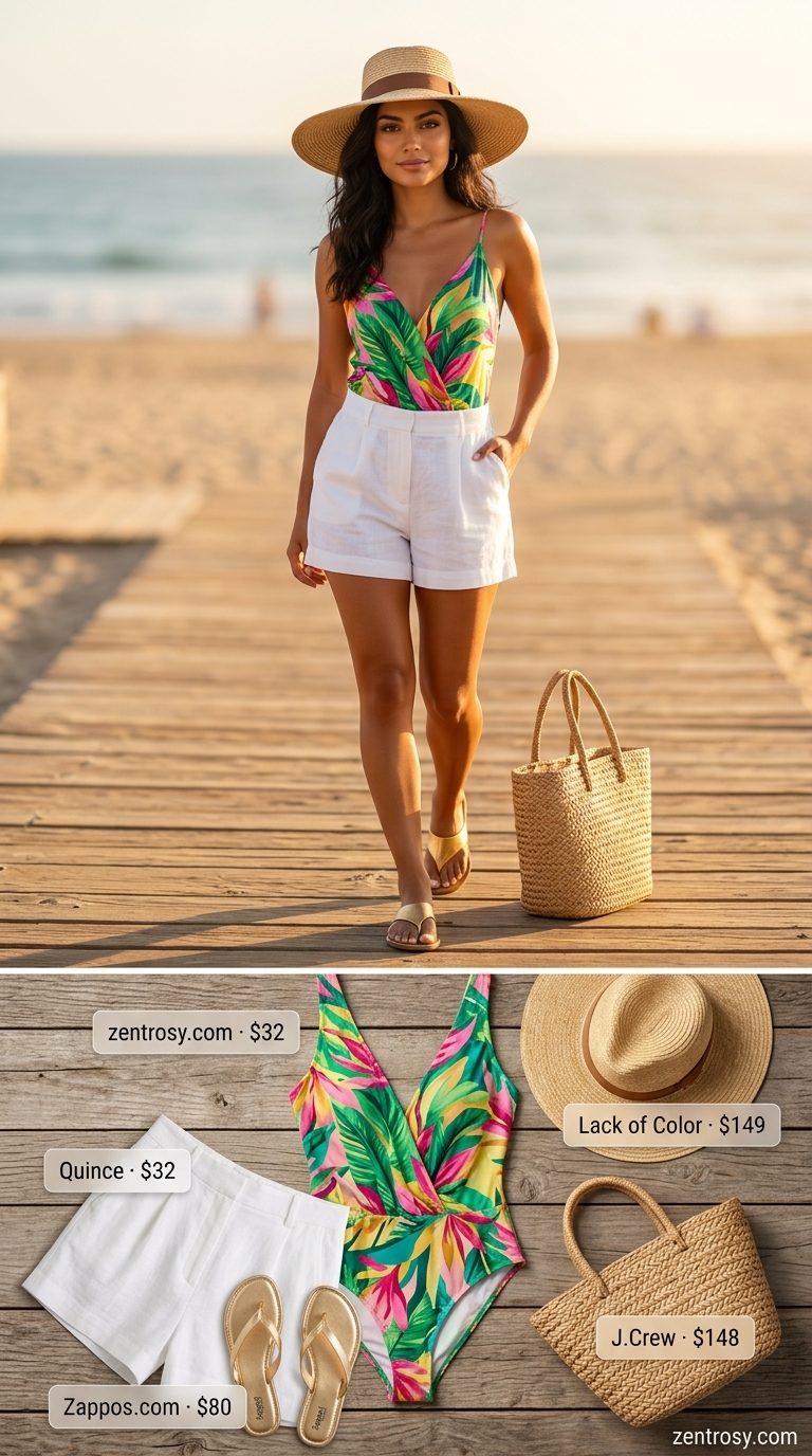 Cute summer bodysuit outfits for women 2026: Tropical print halter bodysuit with linen shorts and straw hat.