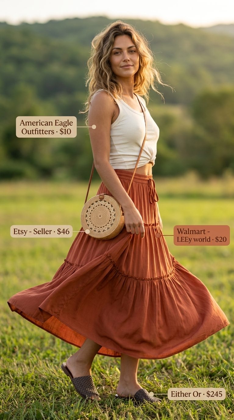 Cute summer festival outfits for women 2026: Bohemian Sunset Ritual terracotta tiered maxi skirt.