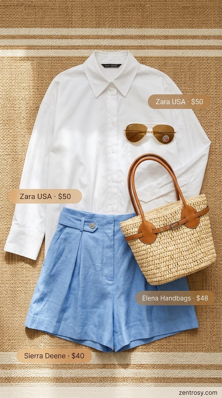 Cute summer festival outfits for women 2026: Coastal Breeze sky blue linen shorts and aviators.