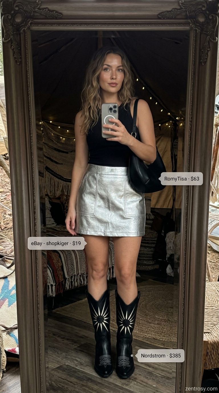 Cute summer festival outfits for women 2026: Cosmic Cowgirl Chic silver mini skirt and denim jacket.