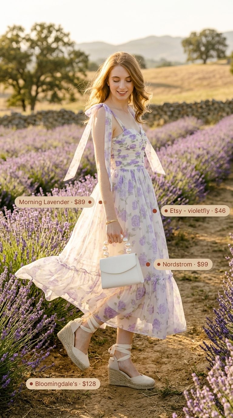 Cute summer festival outfits for women 2026: Dreamy Vintage Romance pastel lavender floral midi dress.