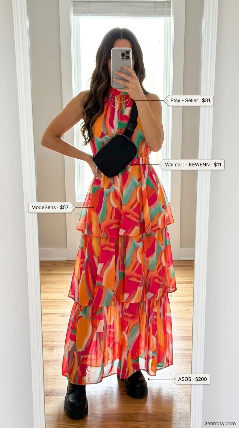 Cute summer festival outfits for women 2026: Electric Sunset Groove hot pink abstract maxi dress.