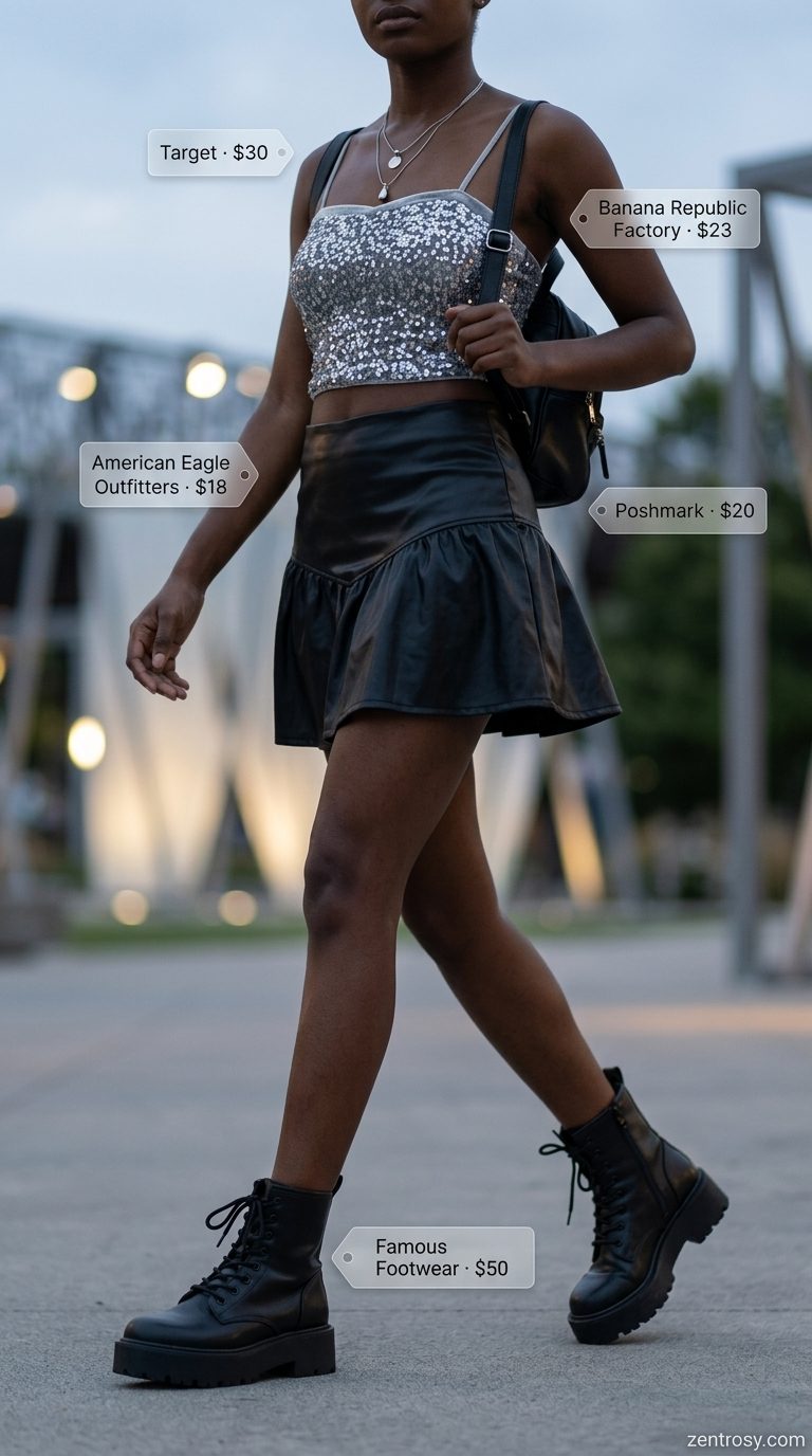 Cute summer festival outfits for women 2026: Moonlit Mirage black sequin top with combat boots for evening.