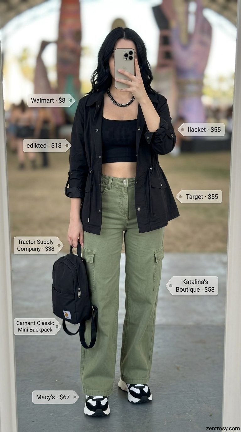 Cute summer festival outfits for women 2026: Neo-Utility Explorer olive green wide-leg cargo pants.