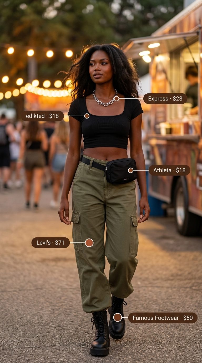 Cute summer festival outfits for women 2026: Urban Nomad olive green cargo pants and crop top.