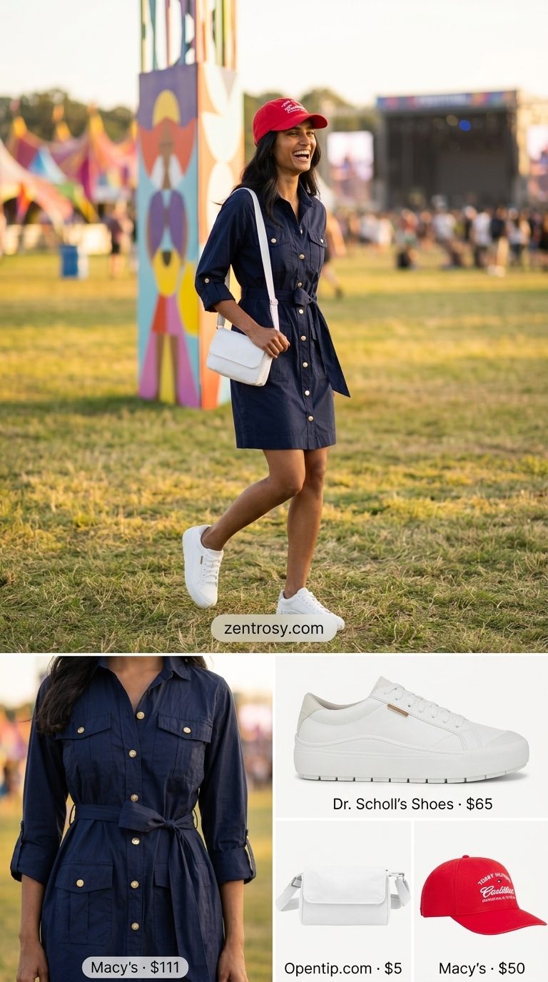 Cute summer festival outfits for women 2026: Navy blue shirt dress, red cap, white sneakers, and crossbody bag for a classic look.