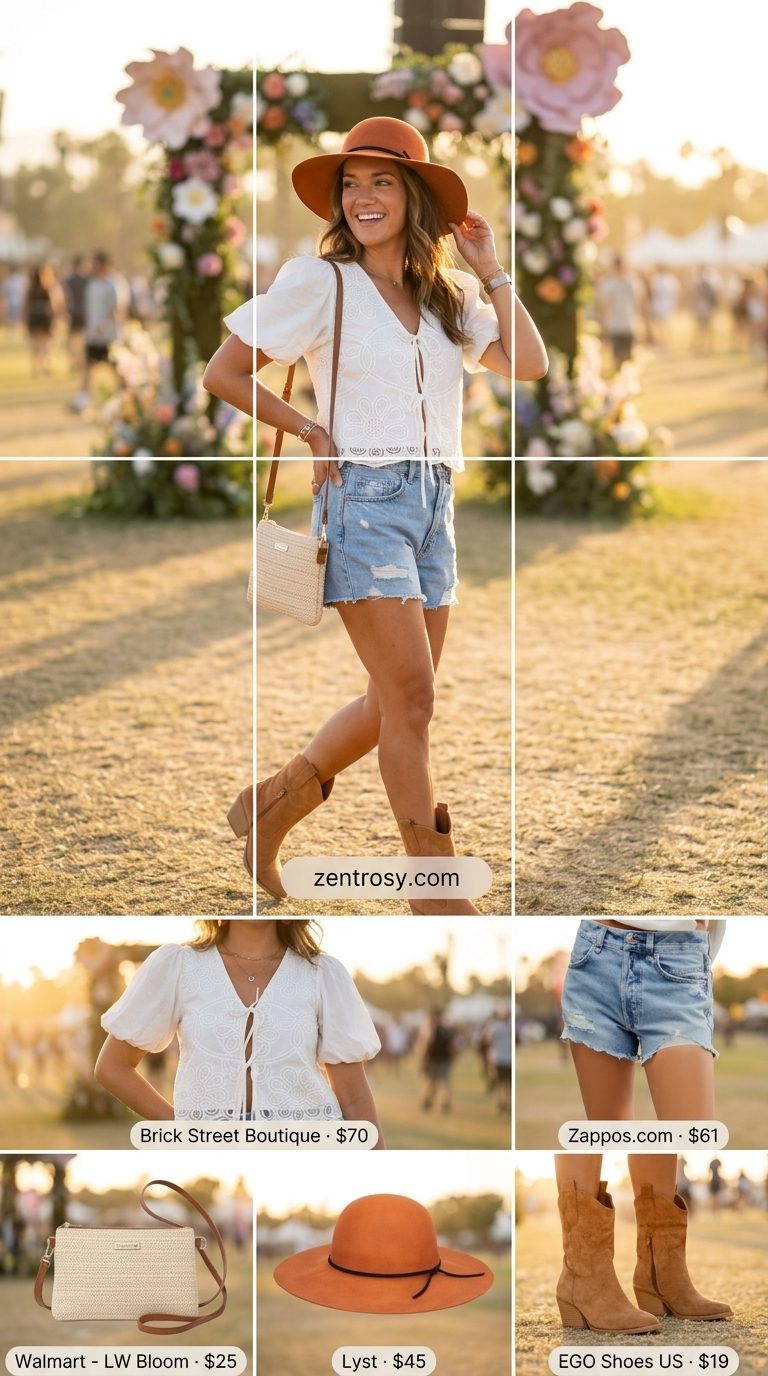 Cute summer festival outfits for women 2026: Terracotta hat, ivory peasant top, denim shorts, straw bag, and suede boots.