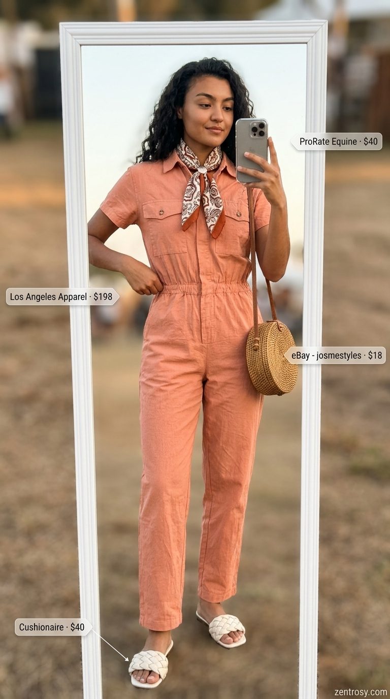 Cute summer festival outfits for women 2026: Rust utility jumpsuit, cream bandana, woven bag, and raffia slides.