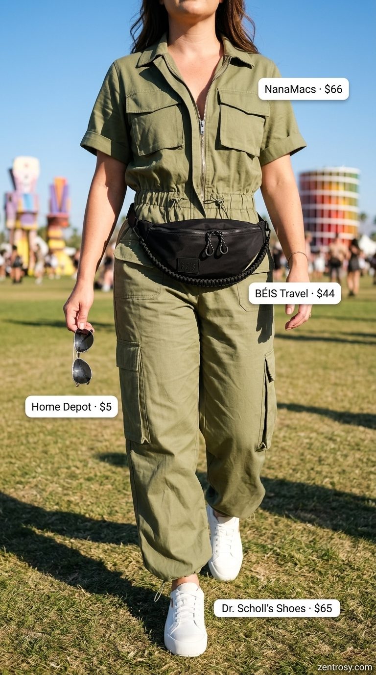 Cute summer festival outfits for women 2026: Olive green utility romper, white sneakers, and black belt bag for active days.