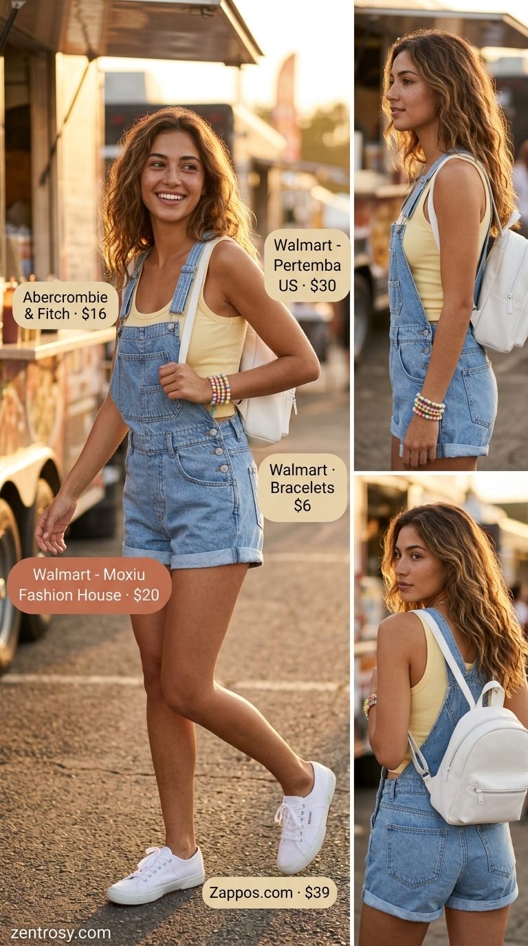 Cute summer festival outfits for women 2026: Denim overalls, pastel yellow bralette, white sneakers, and mini backpack.