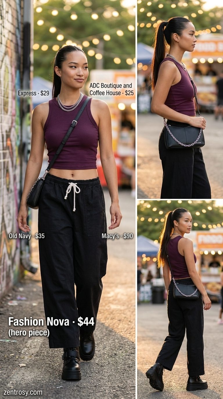 Cute summer festival outfits for women 2026: Washed black cargo pants, plum tank top, combat boots, and silver necklaces.