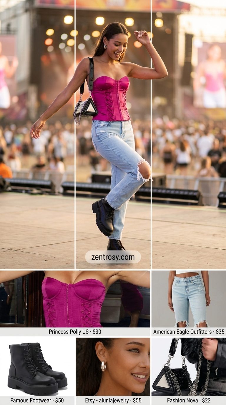 Cute summer festival outfits for women 2026: Hot pink corset top, ripped denim jeans, platform boots, and silver hoops.