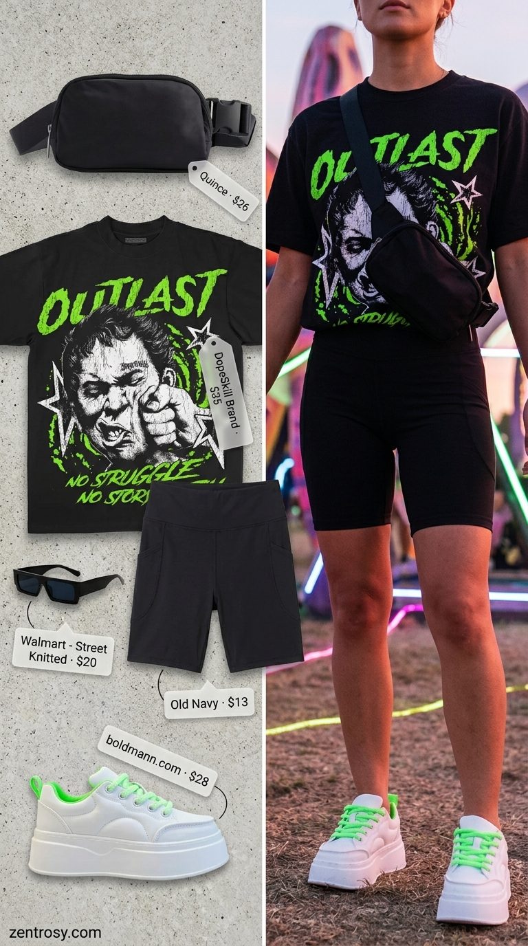 Cute summer festival outfits for women 2026: Neon graphic tee, biker shorts, platform sneakers, and belt bag for a sporty look.