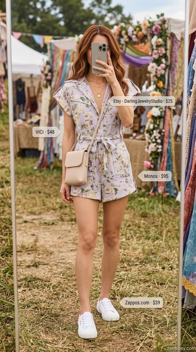 Cute summer festival outfits for women 2026: Lavender floral romper, white sneakers, straw hat, and gold jewelry.