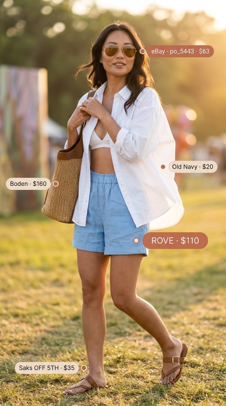 Cute summer festival outfits for women 2026: Linen shorts, oversized white shirt, straw tote, leather slides.