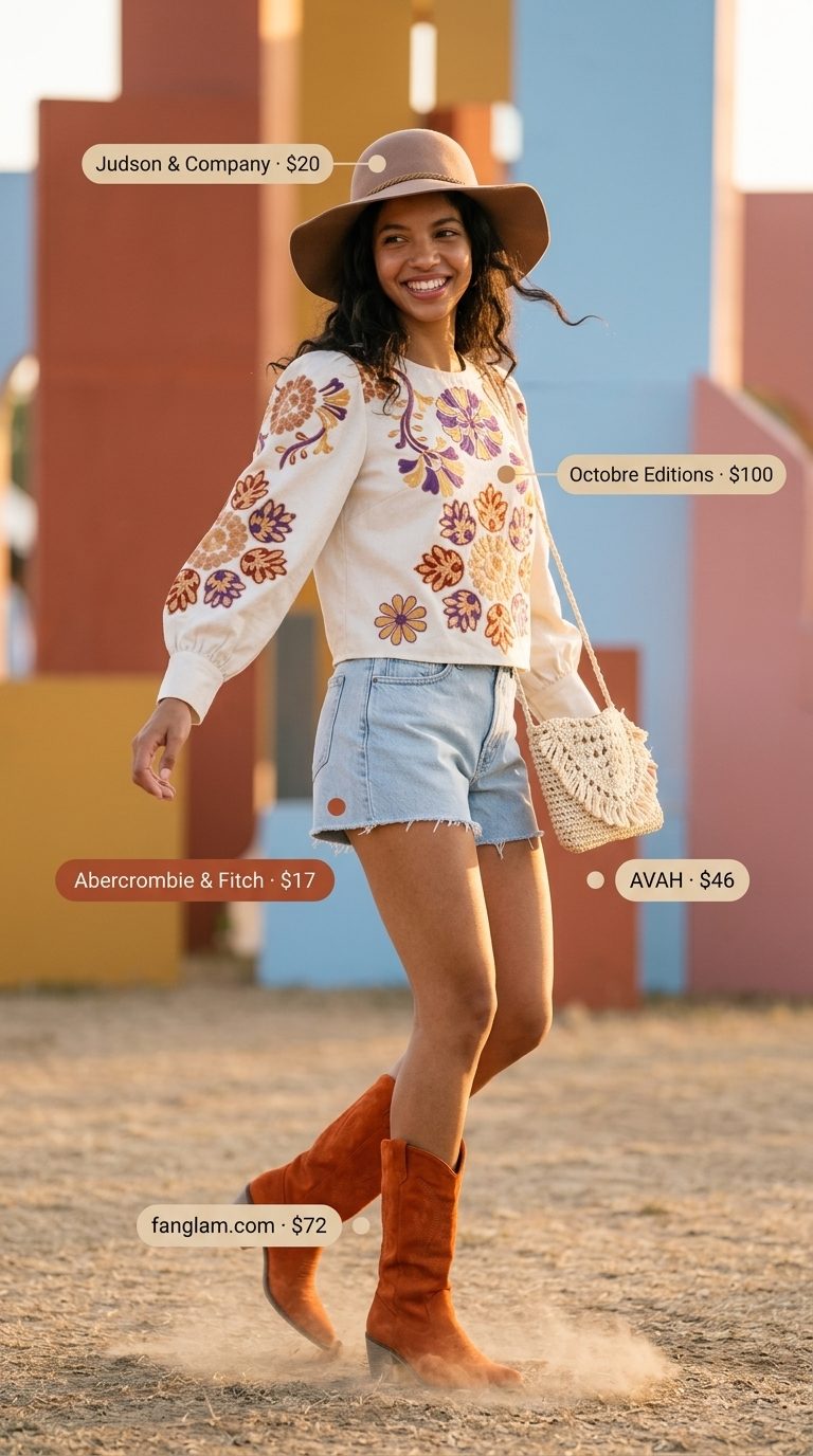 Cute summer festival outfits for women 2026: Cropped peasant blouse, distressed denim shorts, cowboy boots, straw bag.