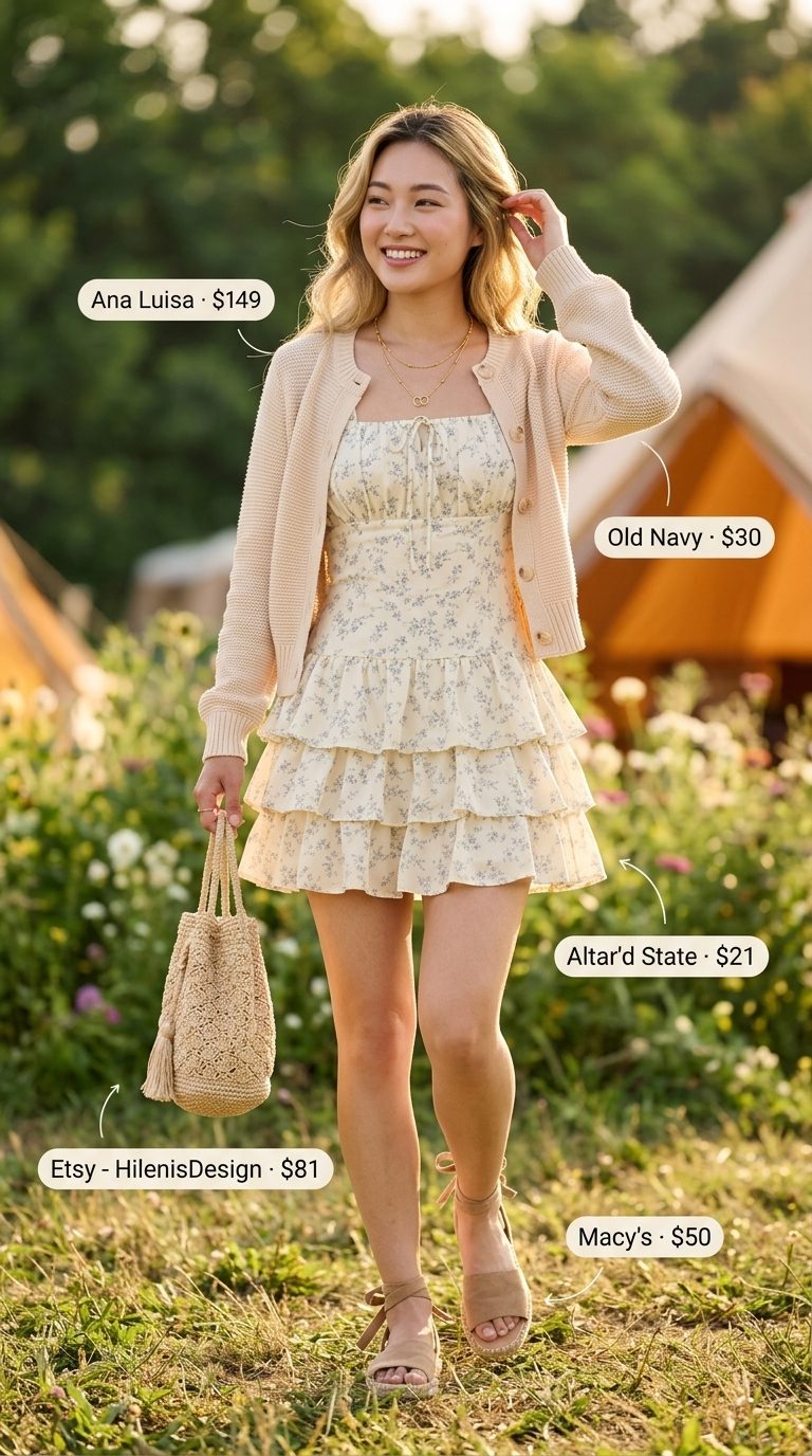Cute summer festival outfits for women 2026: Floral sundress, open-knit cardigan, espadrilles, straw bucket bag.