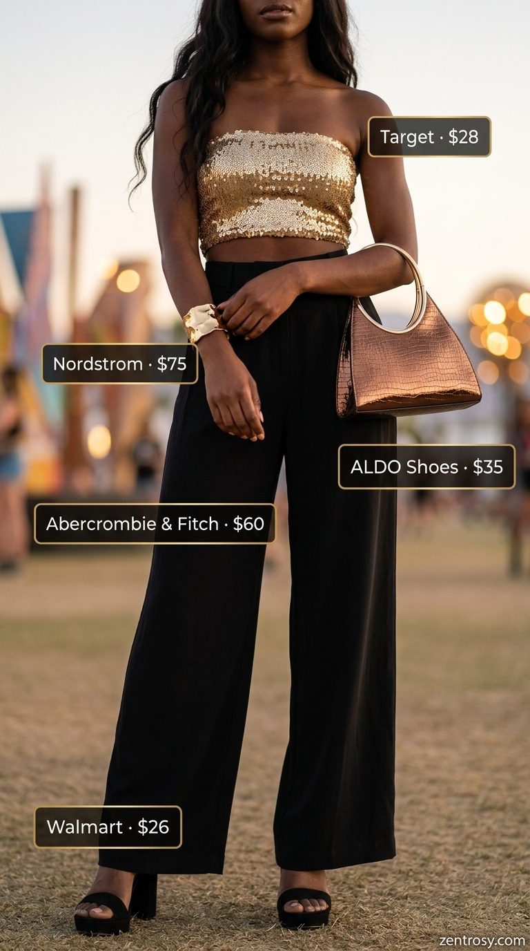 Cute summer festival outfits for women 2026: Sequin crop top, wide-leg pants, platform sandals, metallic bag.