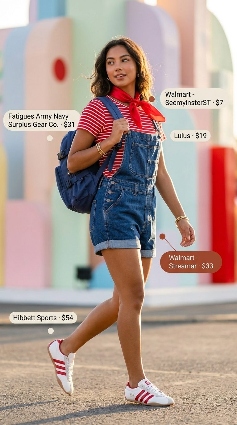 Cute summer festival outfits for women 2026: Denim overall shorts, striped tee, bandana, retro sneakers.