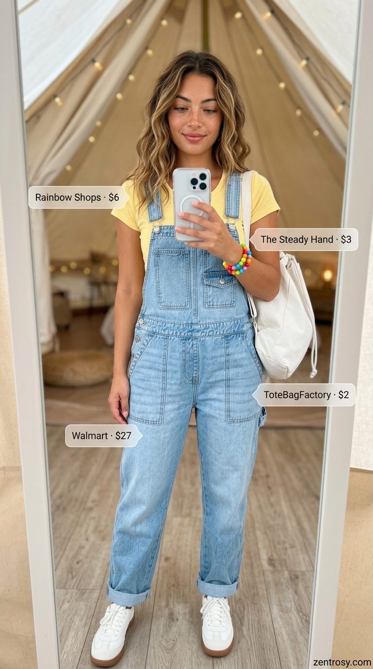 Cute summer festival outfits for women 2026: Denim overalls, yellow tee, canvas backpack, retro sneakers.