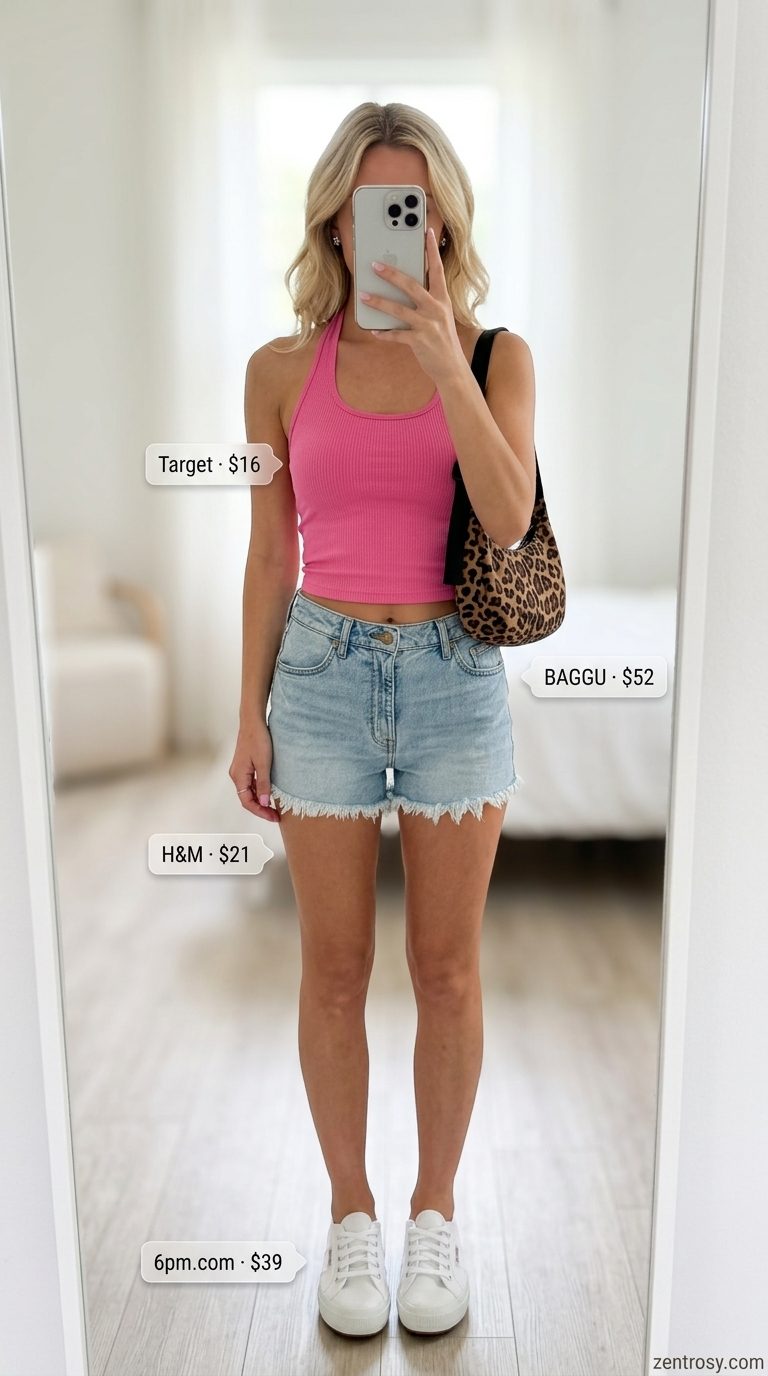 Cute Summer Halter Top Outfits 2026: Brunch Babe Cute summer halter top outfits for women 2026: Hot pink knit halter top with light wash denim shorts for brunch.