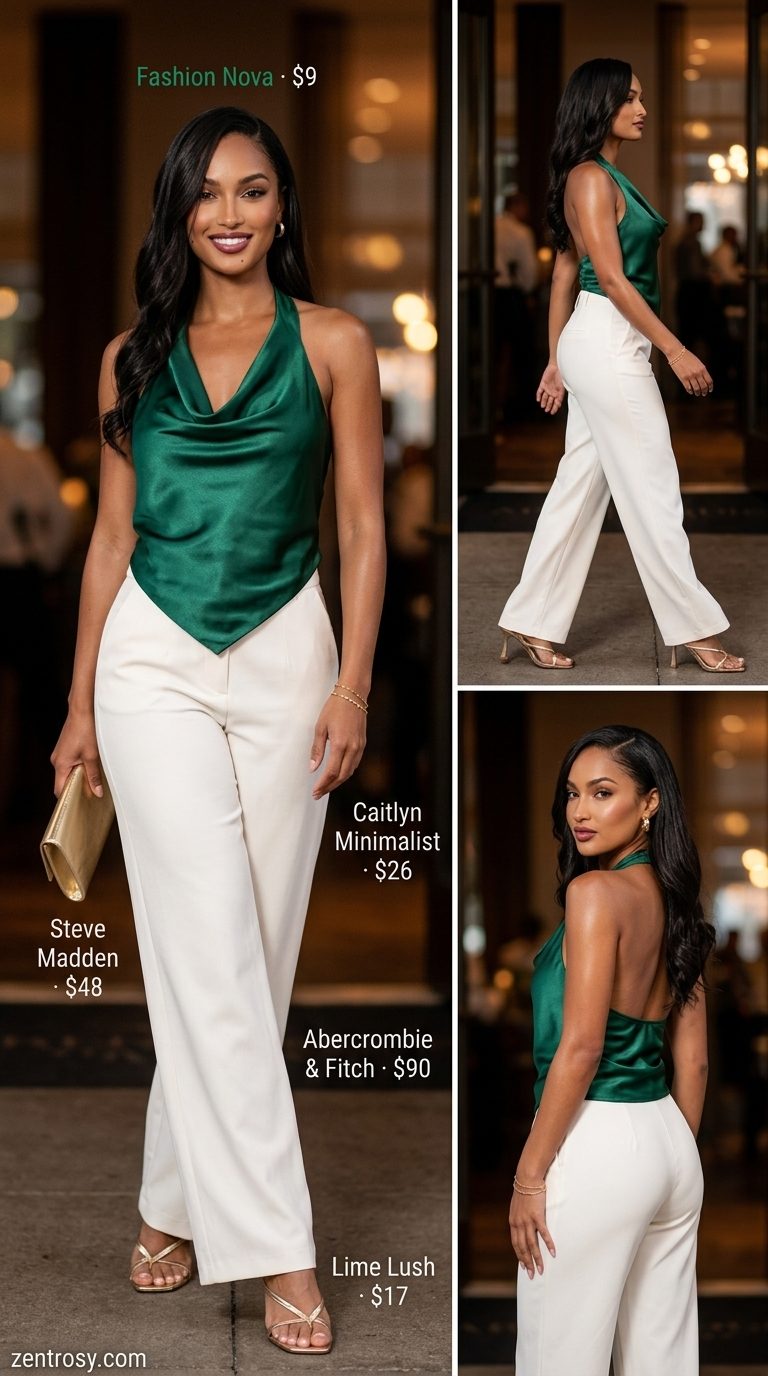 Cute Summer Halter Top Outfits 2026: City Glam Cute summer halter top outfits for women 2026: Emerald green satin halter top with ivory wide-leg trousers for evening events.