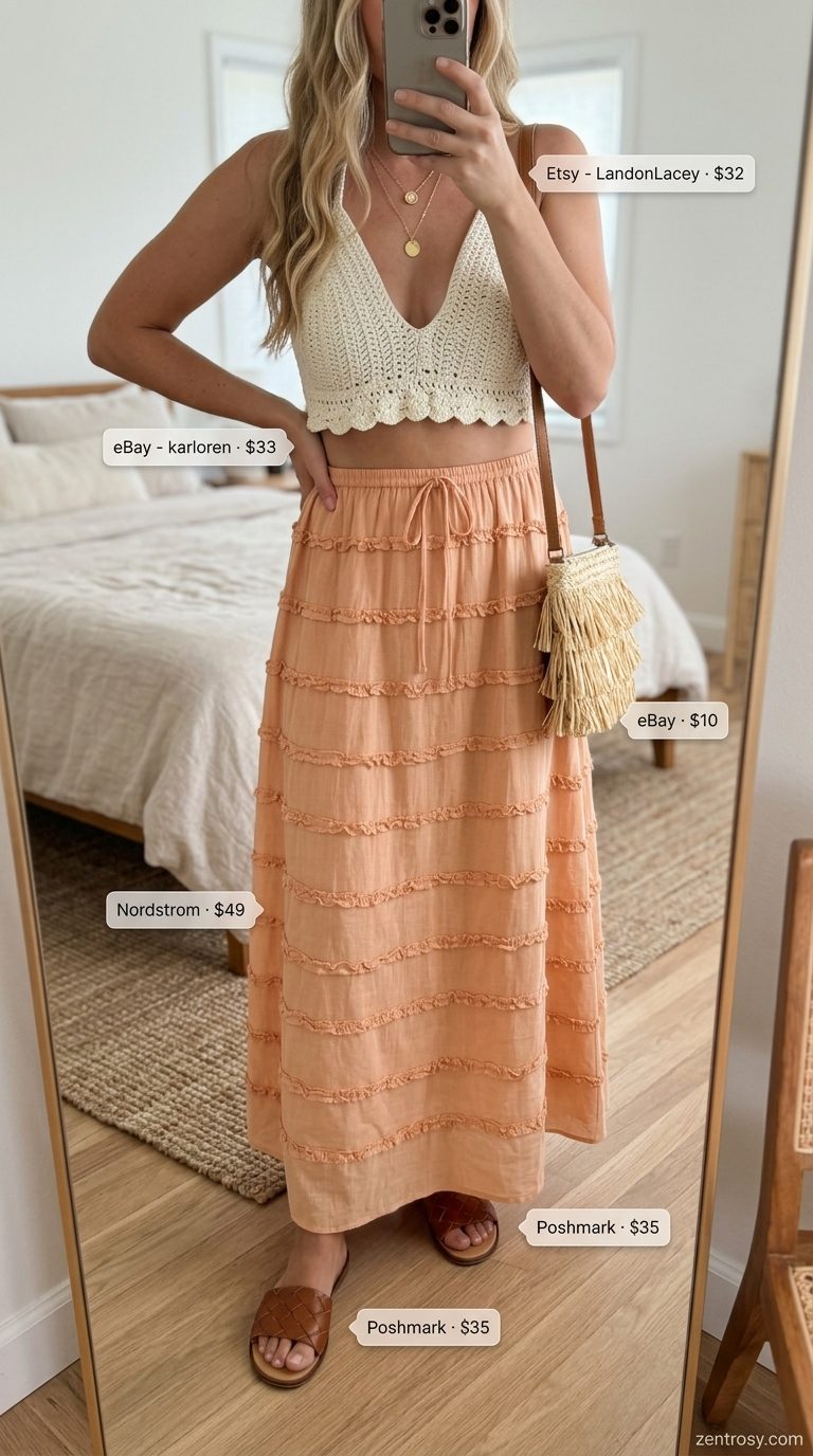 Cute Summer Halter Top Outfits 2026: Coastal Vibes Cute summer halter top outfits for women 2026: Ecru crochet halter top with flowy terracotta maxi skirt for beach vacation.