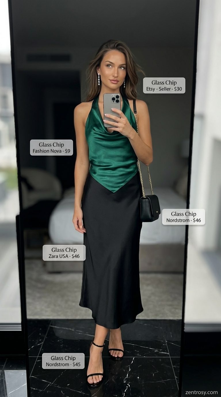 Cute Summer Halter Top Outfits 2026: Date Night Style Cute summer halter top outfits for women 2026: Emerald green satin halter top with black slip midi skirt for date night.