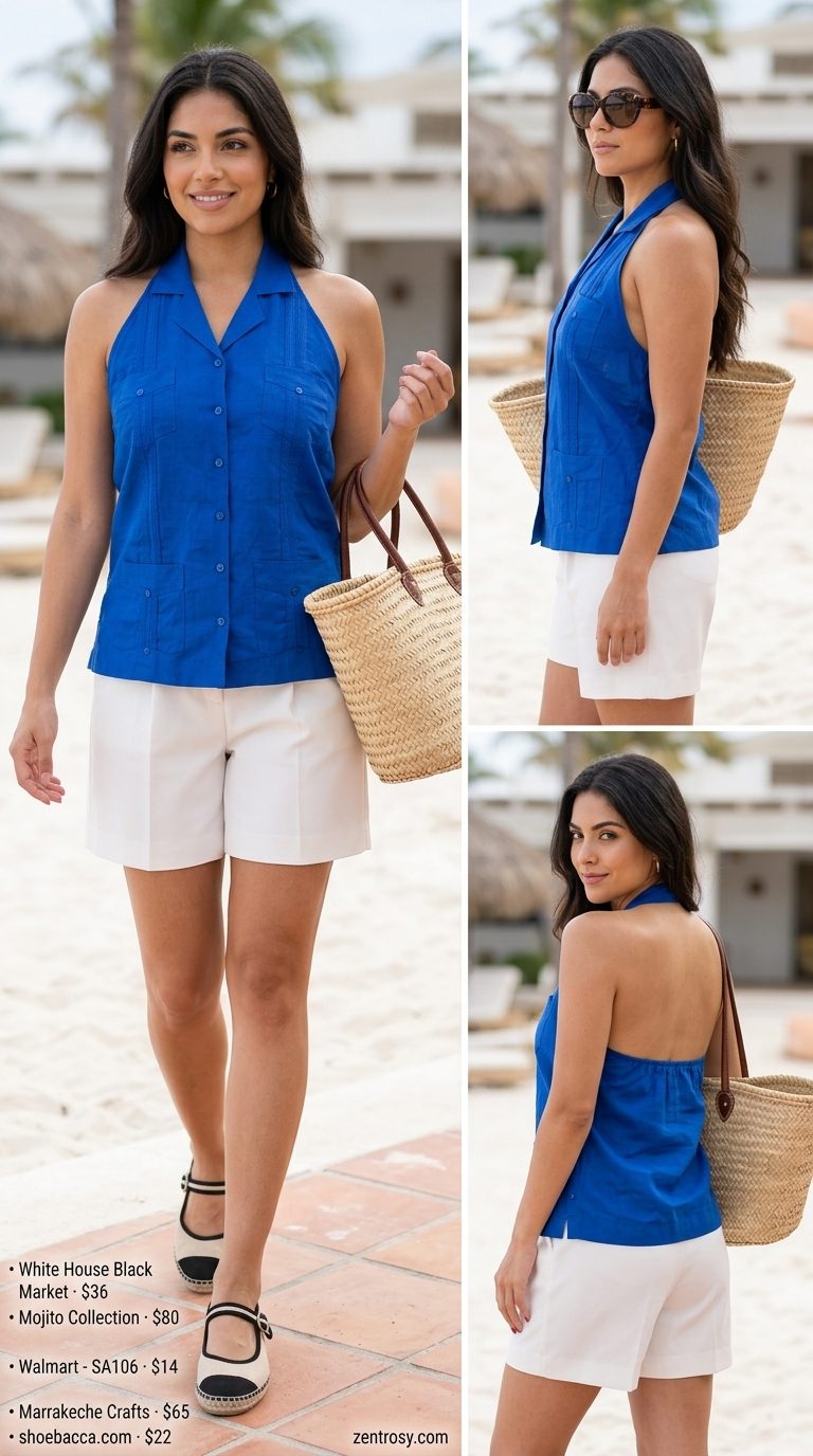 Cute Summer Halter Top Outfits 2026: Riviera Style Cute summer halter top outfits for women 2026: Sky blue linen halter top with white tailored shorts for resort wear.
