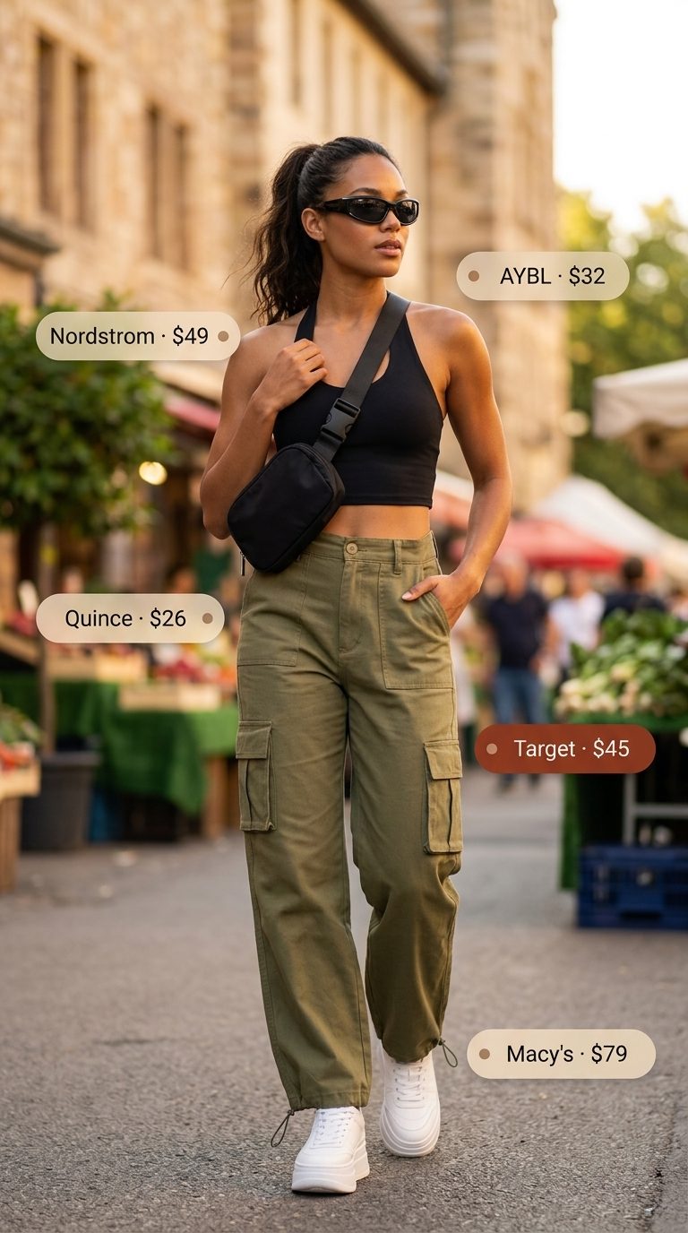 Cute Summer Halter Top Outfits 2026: Urban Explorer Style Cute summer halter top outfits for women 2026: Olive green utility pants, black halter crop top, chunky sneakers for city exploration.