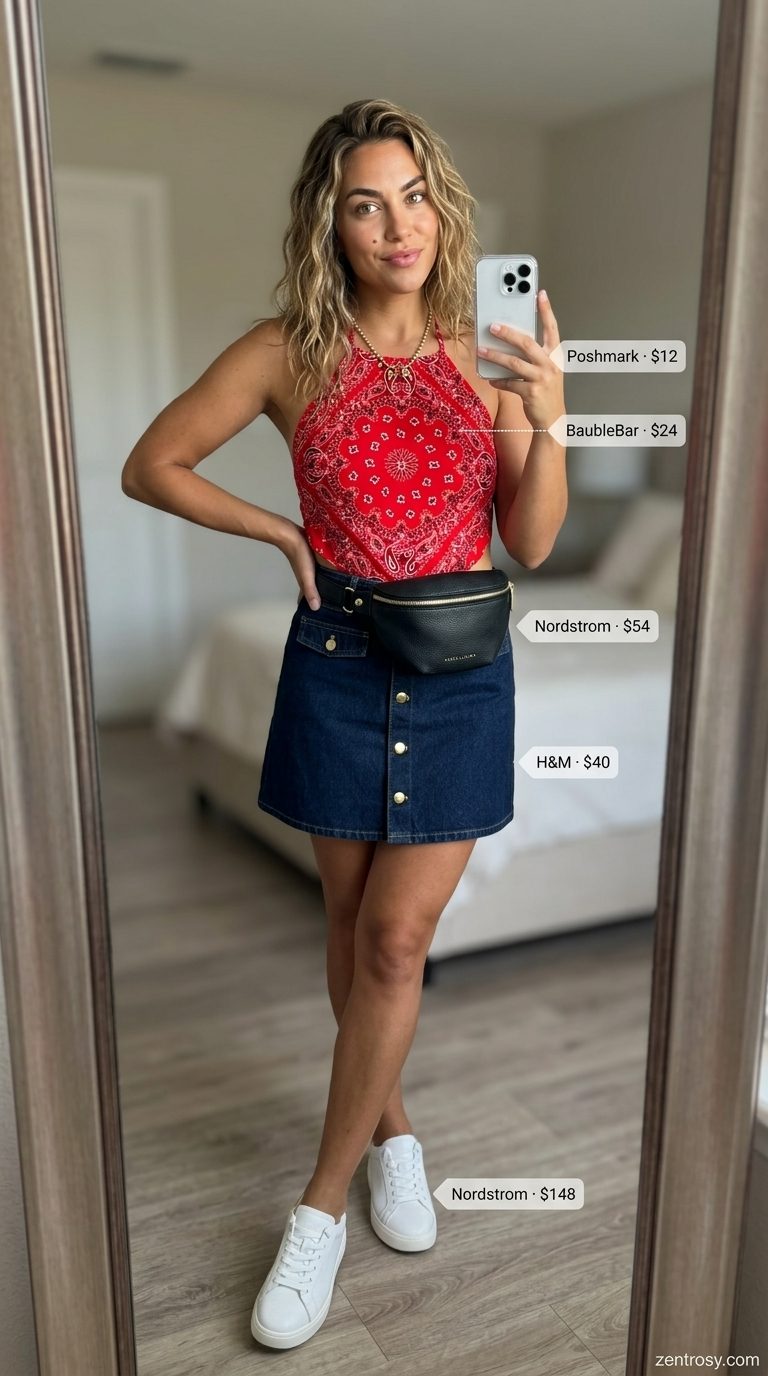 Cute Summer Halter Top Outfits 2026: Festival Free Spirit Cute summer halter top outfits for women 2026: Red bandana halter top with denim mini skirt for festivals.