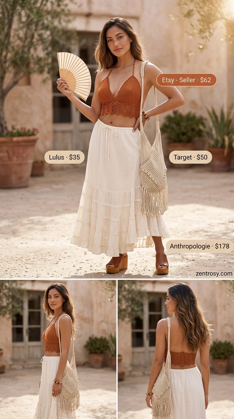 Cute Summer Halter Top Outfits 2026: Boho Beach Cute summer halter top outfits for women 2026: Terracotta crochet halter top with ecru maxi skirt, wood sandals, and macrame bag.