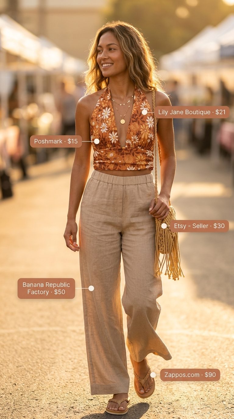 Cute Summer Halter Top Outfits 2026: Bohemian Brunch Cute summer halter top outfits for women 2026: Rust floral halter top with cream linen pants for bohemian brunch.