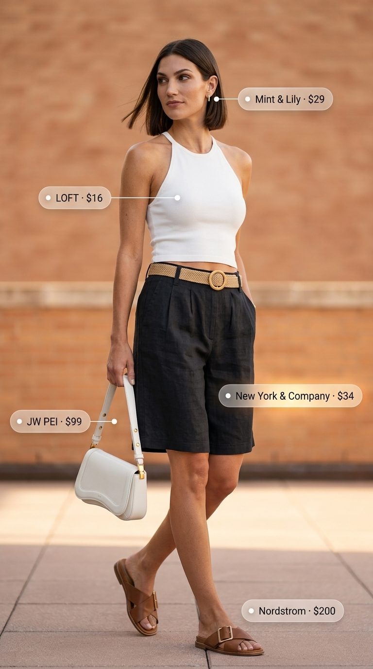 Cute Summer Halter Top Outfits 2026: Chic Brunch Cute summer halter top outfits for women 2026: White knit halter tank with beige Bermuda shorts for chic brunch.