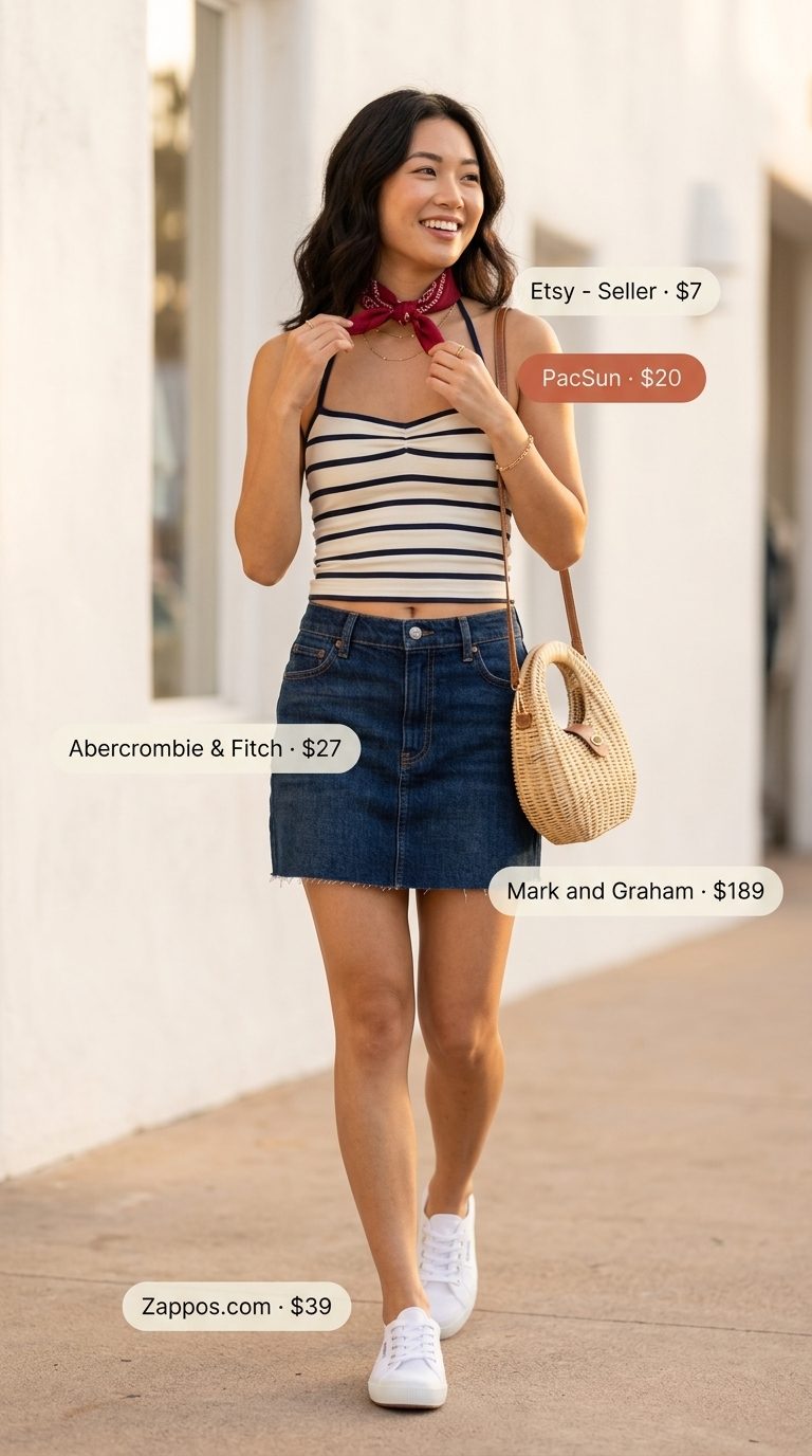 Cute Summer Halter Top Outfits 2026: Coastal Cruise Cute summer halter top outfits for women 2026: Navy striped halter top with denim mini skirt, bandana, and wicker bag.