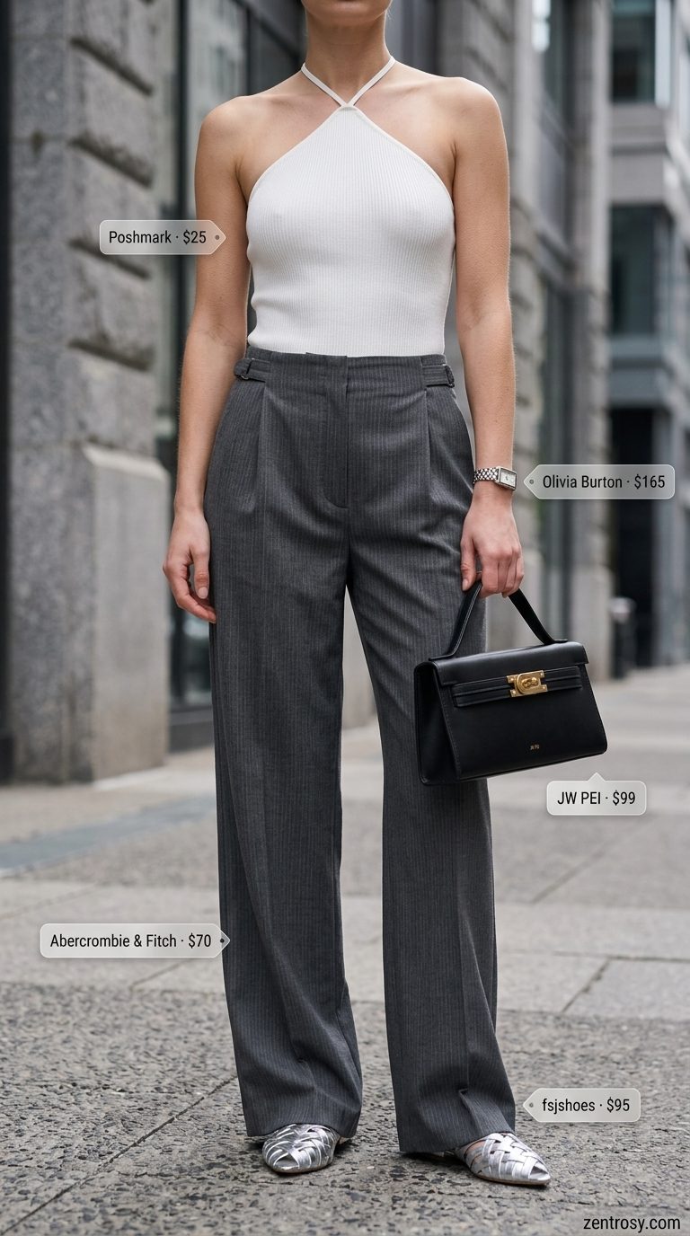 Cute Summer Halter Top Outfits 2026: Downtown Sophisticate Cute summer halter top outfits for women 2026: Charcoal grey halter bodysuit with wide-leg trousers, silver mules, and tote bag.