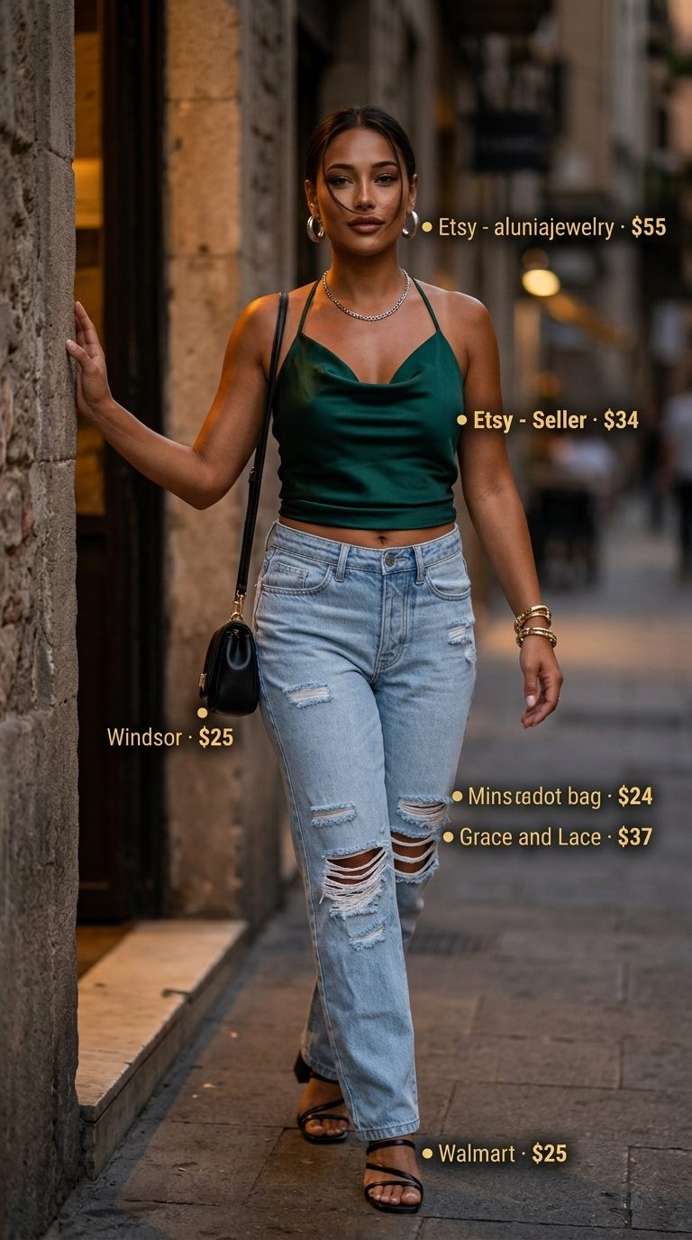 Cute Summer Halter Top Outfits 2026: Edgy Evening Cute summer halter top outfits for women 2026: Emerald green satin halter top with distressed jeans, block heels, and silver hoops.