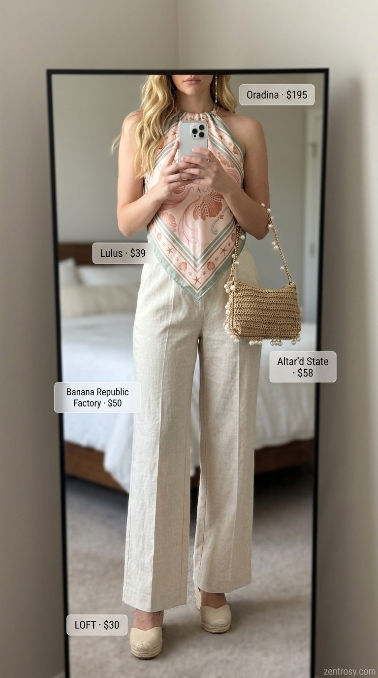Cute Summer Halter Top Outfits 2026: Garden Party Glam Cute summer halter top outfits for women 2026: Floral halter top with cream wide-leg pants for garden parties.