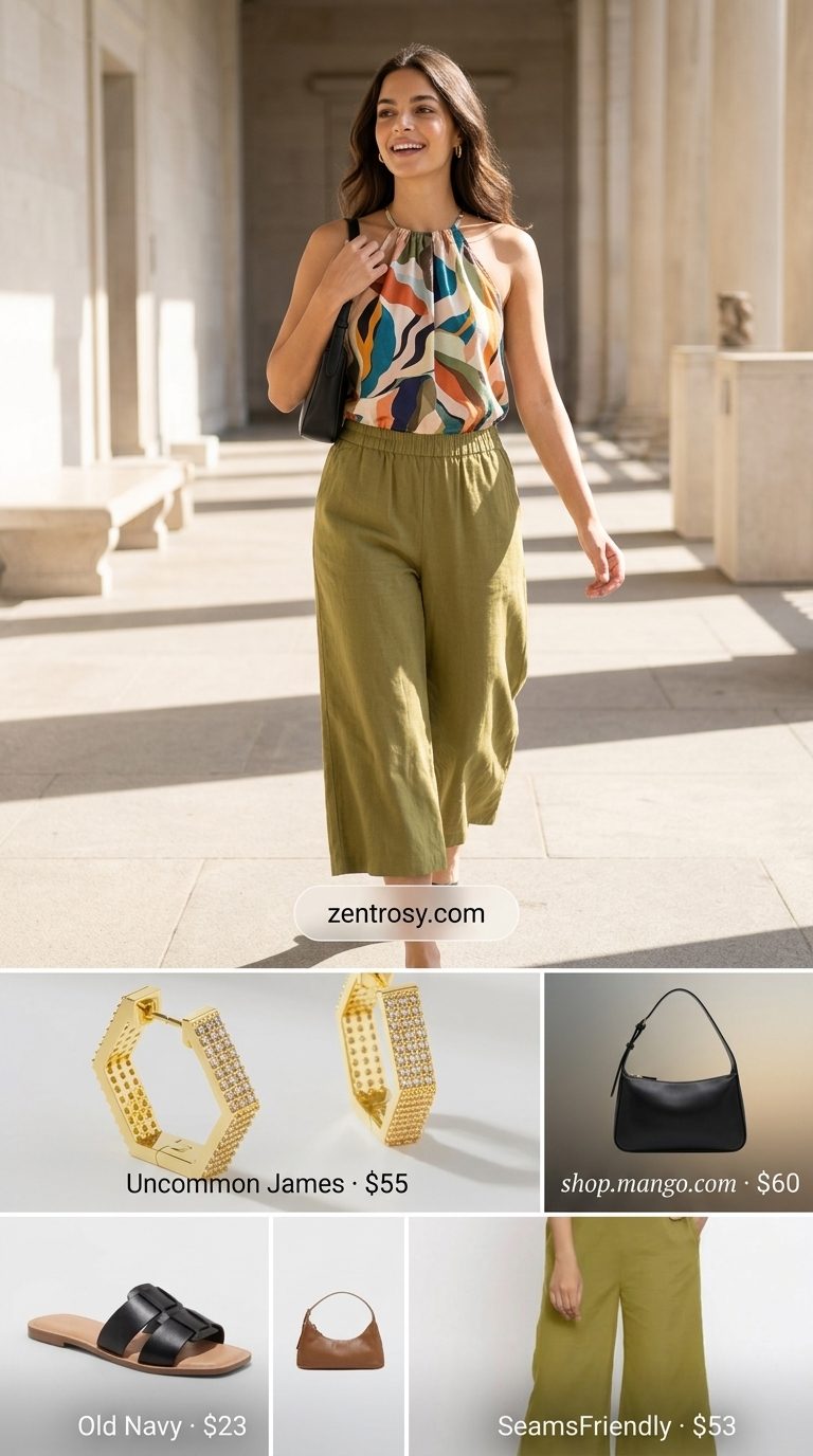 Cute Summer Halter Top Outfits 2026: Gallery Style Cute summer halter top outfits for women 2026: Abstract print halter top with olive green culottes, mini bag, and geometric hoops.