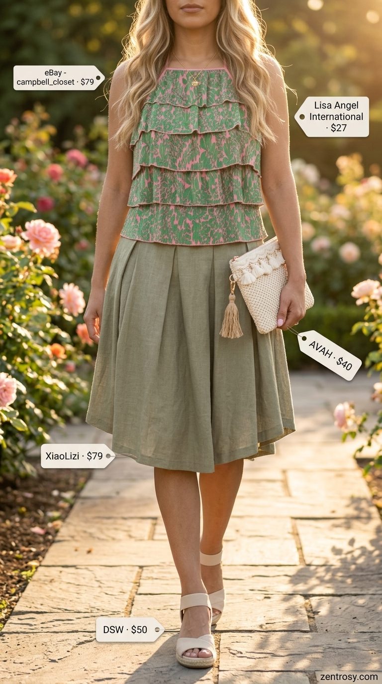 Cute Summer Halter Top Outfits 2026: Garden Party Cute summer halter top outfits for women 2026: Floral halter top with sage green midi skirt for garden parties.