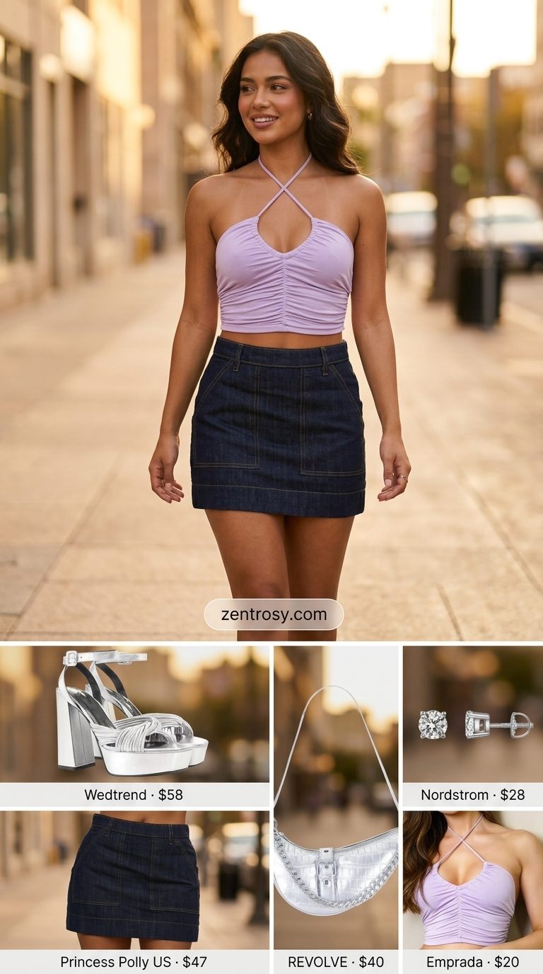 Cute Summer Halter Top Outfits 2026: Girls' Night Out Cute summer halter top outfits for women 2026: Lilac halter top with denim mini skirt for girls' night out.