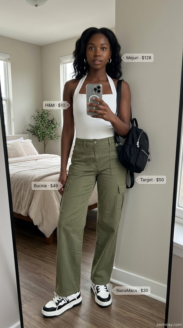 Cute Summer Halter Top Outfits 2026: Urban Explorer Cute summer halter top outfits for women 2026: Olive cargo pants with a white halter tank, platform sneakers, and mini backpack for city exploration.