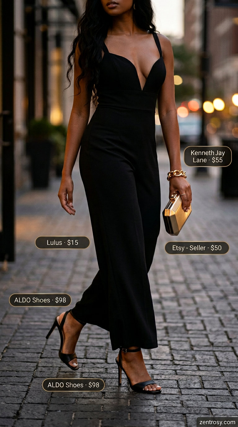 Classic monochrome black wide-leg jumpsuit for women, perfect for evening out or cocktail hour in 2026.