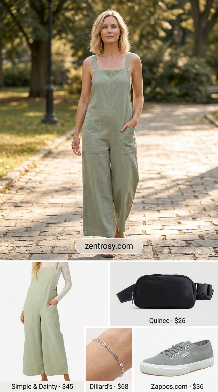 Cute summer jumpsuit outfit for women 2026: Blush pink jumpsuit with sneakers and belt bag for casual day out.