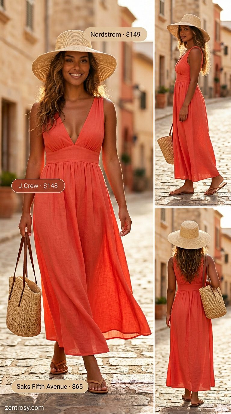 Cute summer jumpsuit outfits for women 2026: Boho maxi dress, flat sandals, and straw tote for beach vacation.