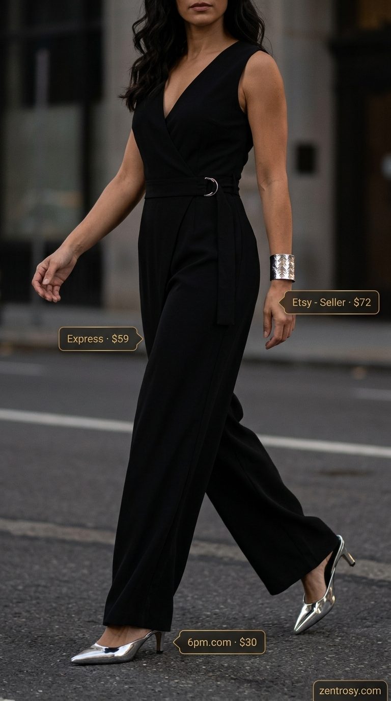 Cute summer jumpsuit outfit for women 2026: Black wide-leg jumpsuit with silver accessories for a city night out.