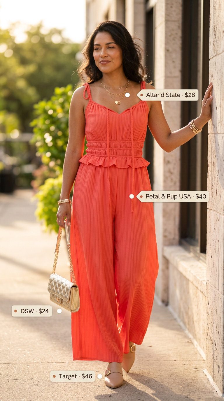 Vibrant coral wide-leg jumpsuit for women, perfect for casual date nights or summer evenings in 2026.