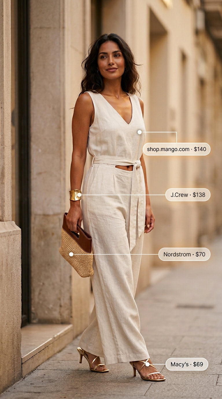 Cute summer jumpsuit outfits for women 2026: Elegant cream wide-leg jumpsuit with gold accessories for evening.