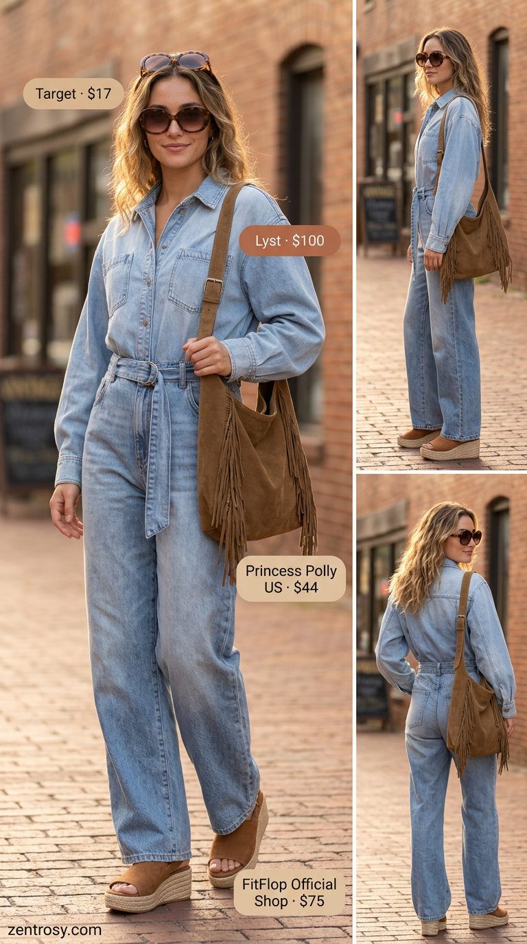 Cute summer jumpsuit outfit for women 2026: Indigo denim jumpsuit with espadrilles and sunglasses for a retro look.