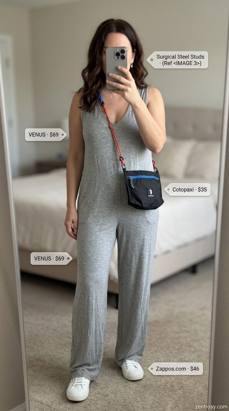 Comfortable heather grey jersey jumpsuit for women, ideal for loungewear or casual weekends in 2026.